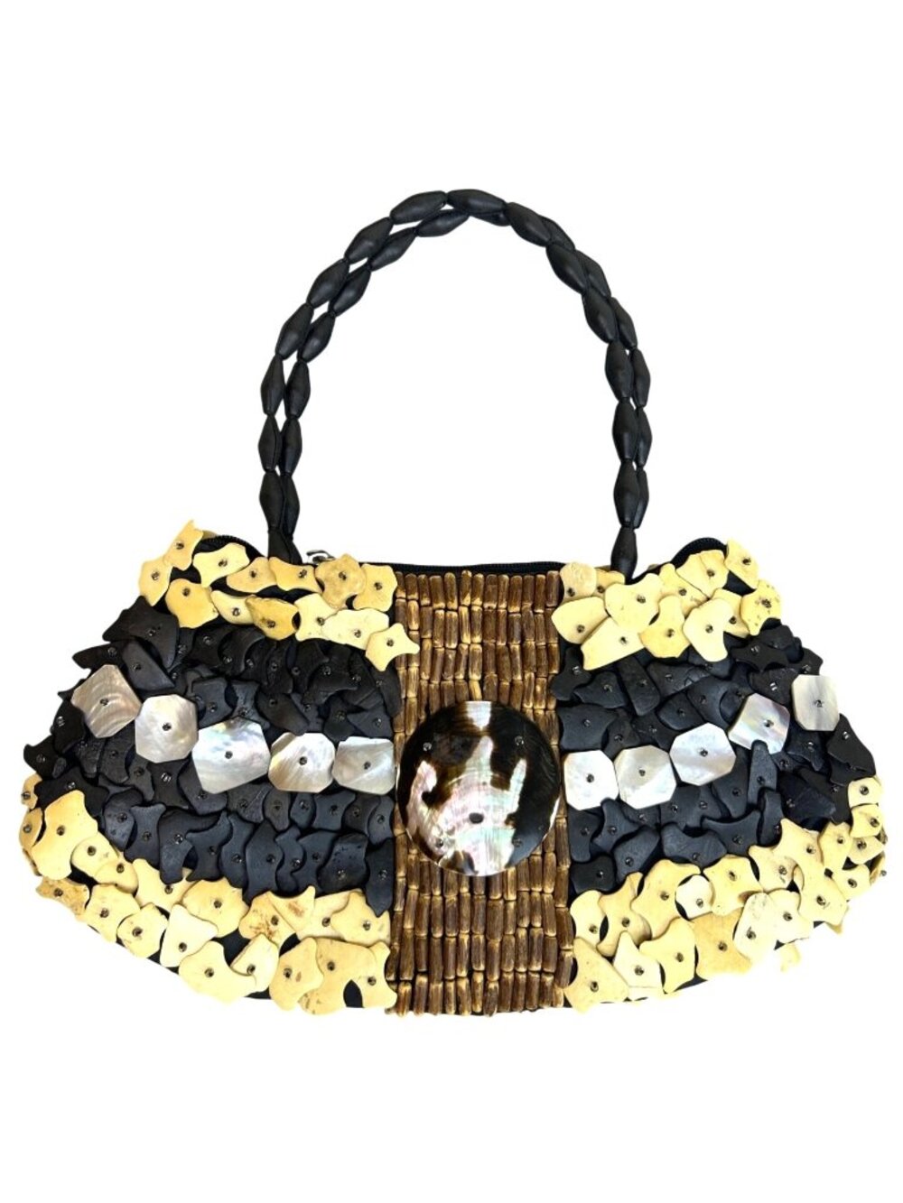 Handmade Woven Bag Black Beige Iridescent Shells Wood Boho Beach Casual Purse